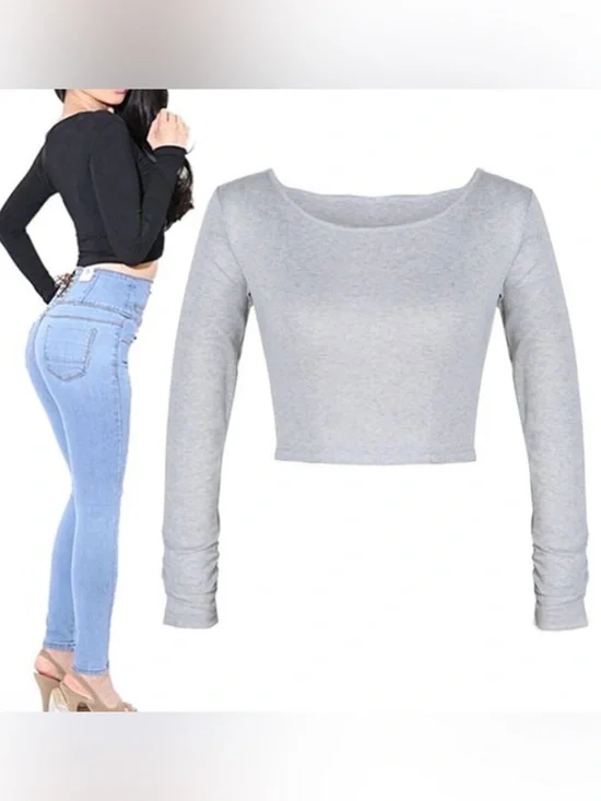 Gray Long Sleeve Crop Top | Fitted Basic Ribbed Tee | Casual Everyday Stretch - Picture 4 of 4